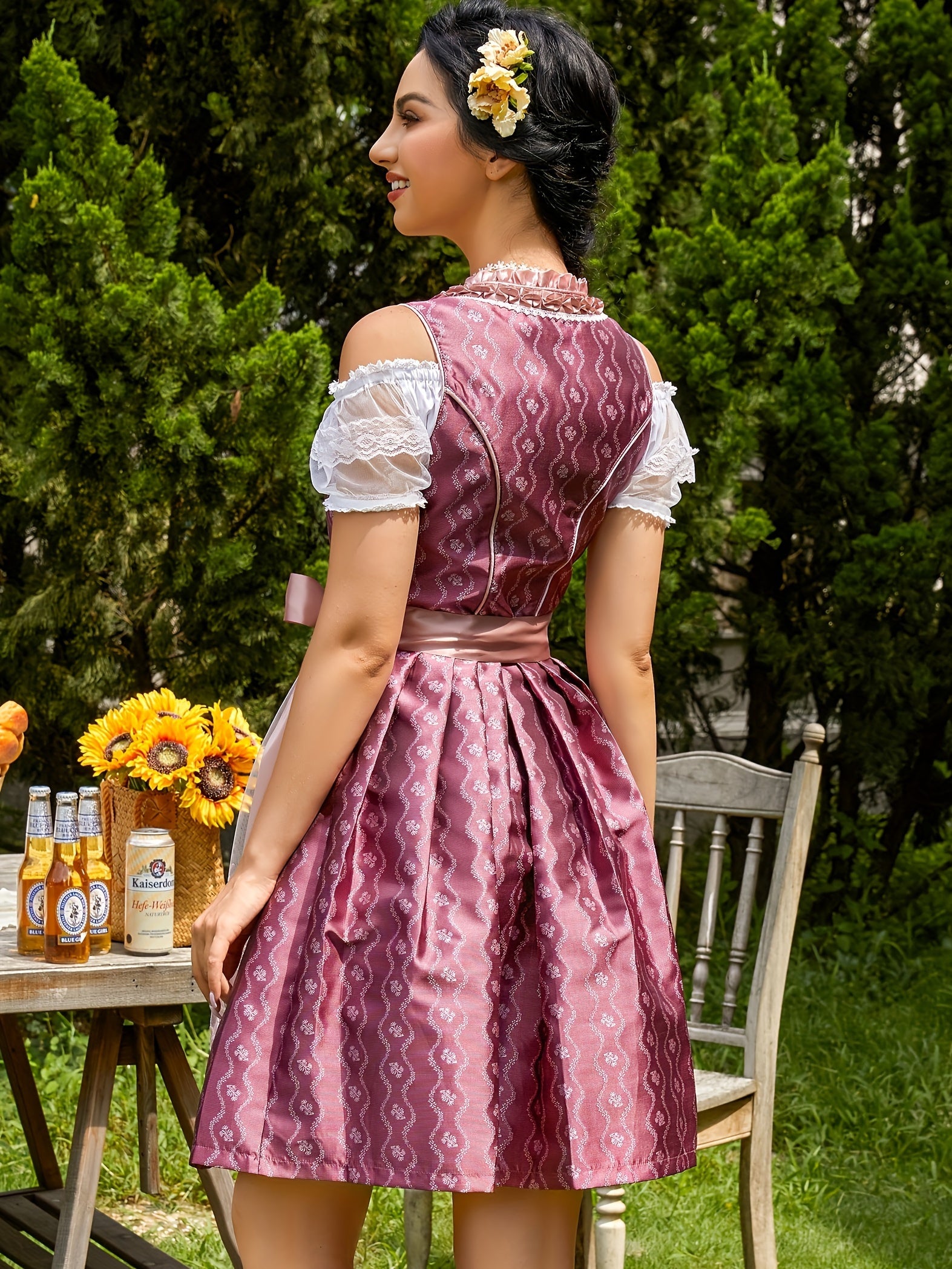 Women's Rose Red Oktoberfest Dirndl Dress Set with Embroidered Apron
