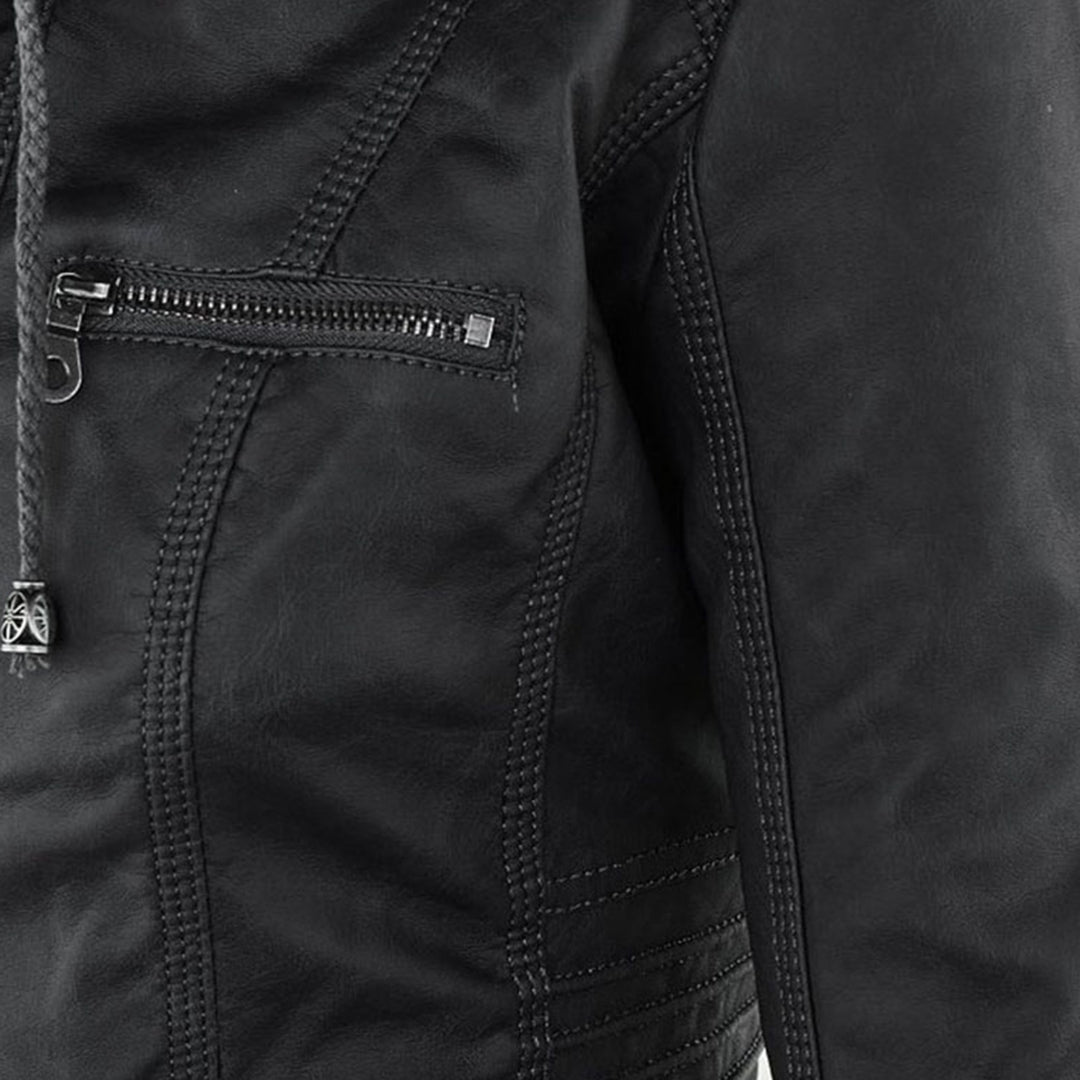 Women’s Weatherproof Leather Jacket | Detachable Hood & Zip Closure | Durable Polyester Fiber | Comfortable Fit