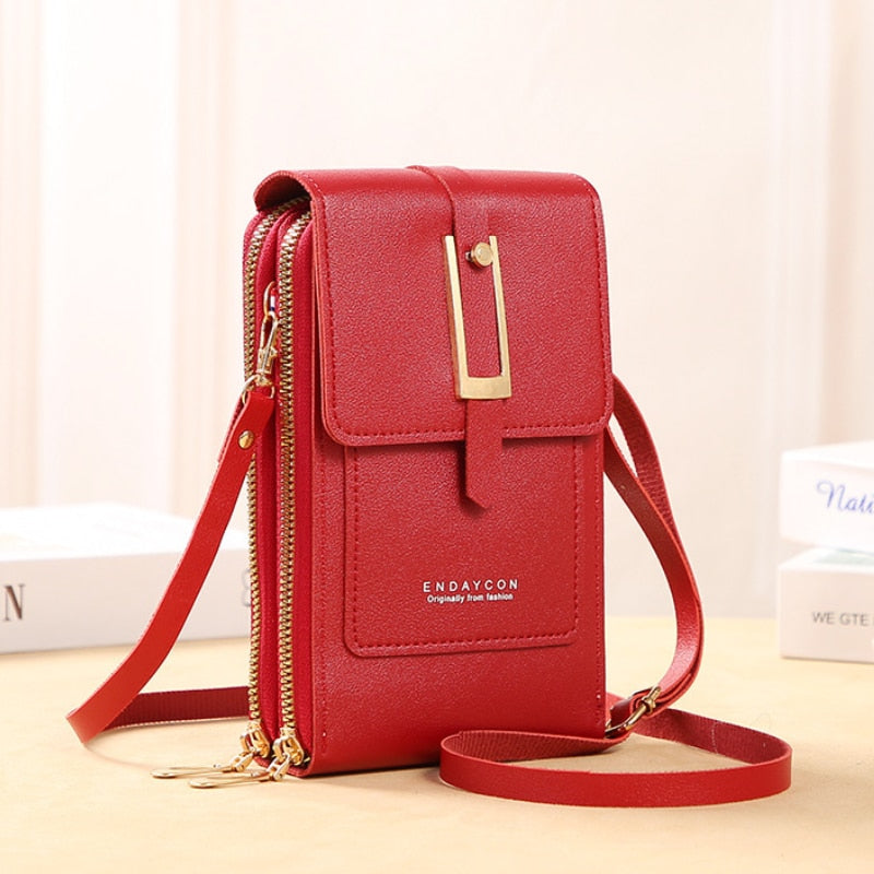 Women's Smartphone Clutch | Transparent Touchscreen Window | Leather-Look with Card Holder | Adjustable Crossbody Strap