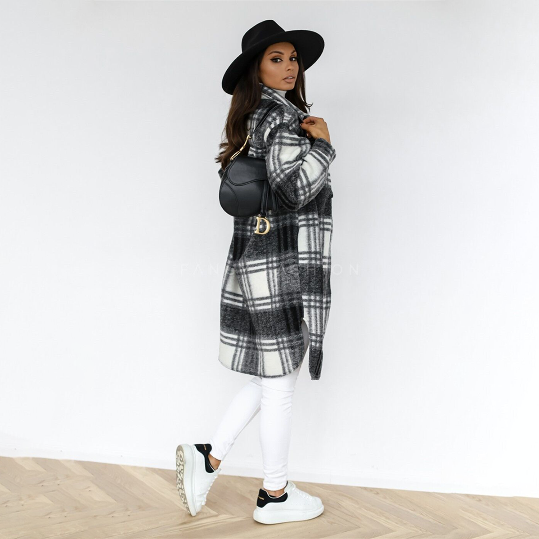 Women’s Longline Coat | Plaid Pattern | Wool Blend & Front Button Closure | Versatile Fall Outerwear