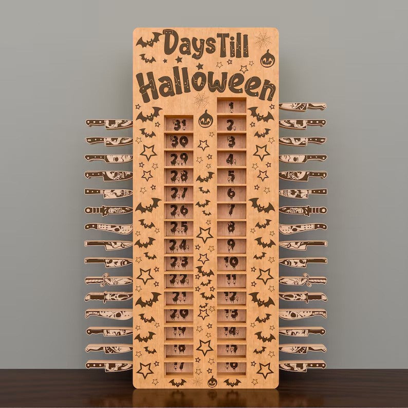 Halloween Countdown Wooden Advent Calendar with 31 Sliding Knives