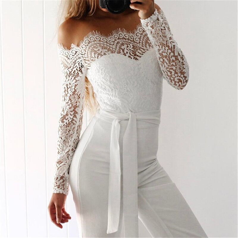 Women's Lace Off-Shoulder Jumpsuit | Long Sleeves & Waist Tie | Polyester & Lace | Formal Occasion Wear