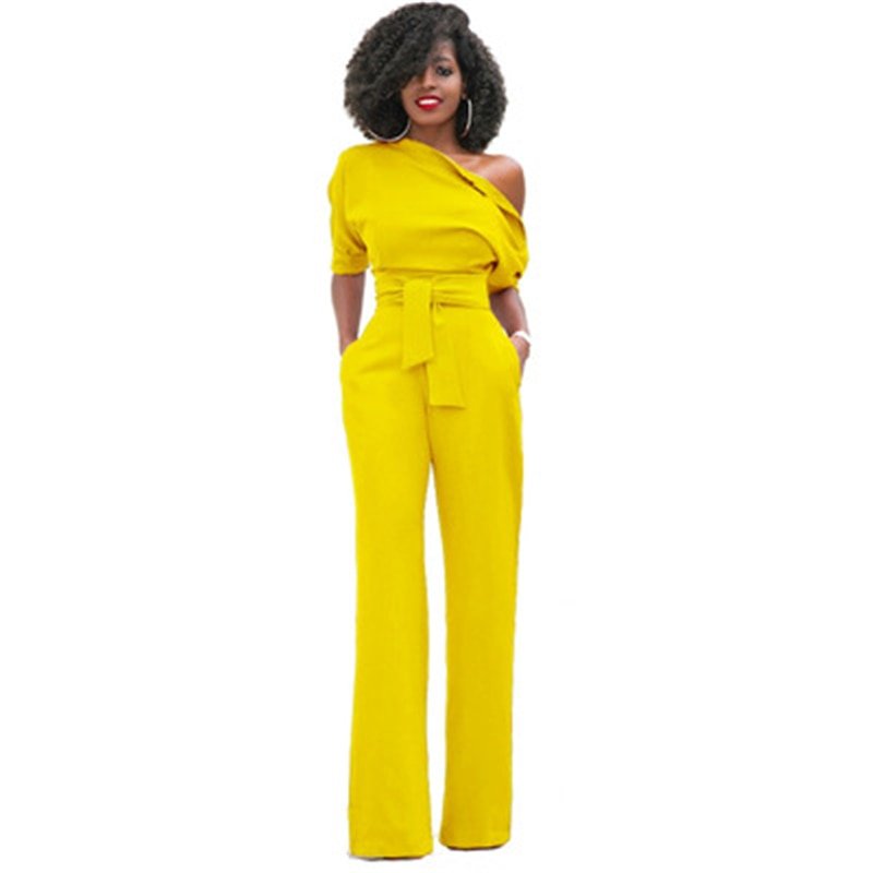 Women’s One-Shoulder Belted Wide-Leg Jumpsuit | Acrylic Fabric | Waist Tie Belt | Comfortable Fit
