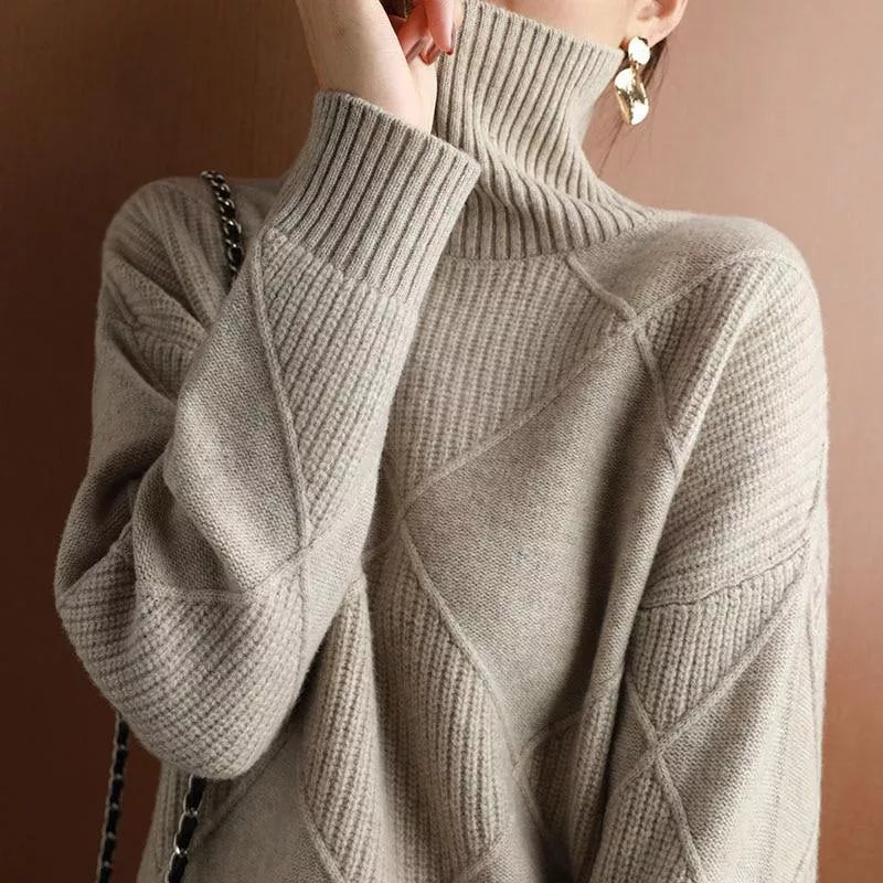 Women’s Turtleneck Sweater | Loose Fit Panel Knit | Fluffy Wool Blend | Season-Long Warmth