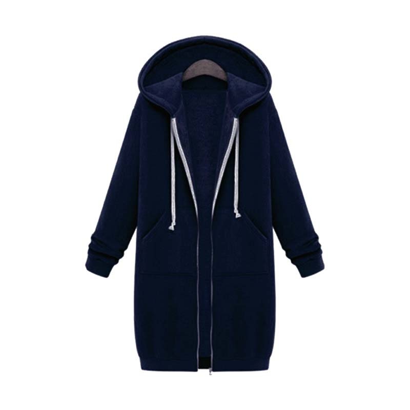Longline Hooded Sweatshirt Coat | Zipper & Pockets | Polyester Fabric | Winter Warmth