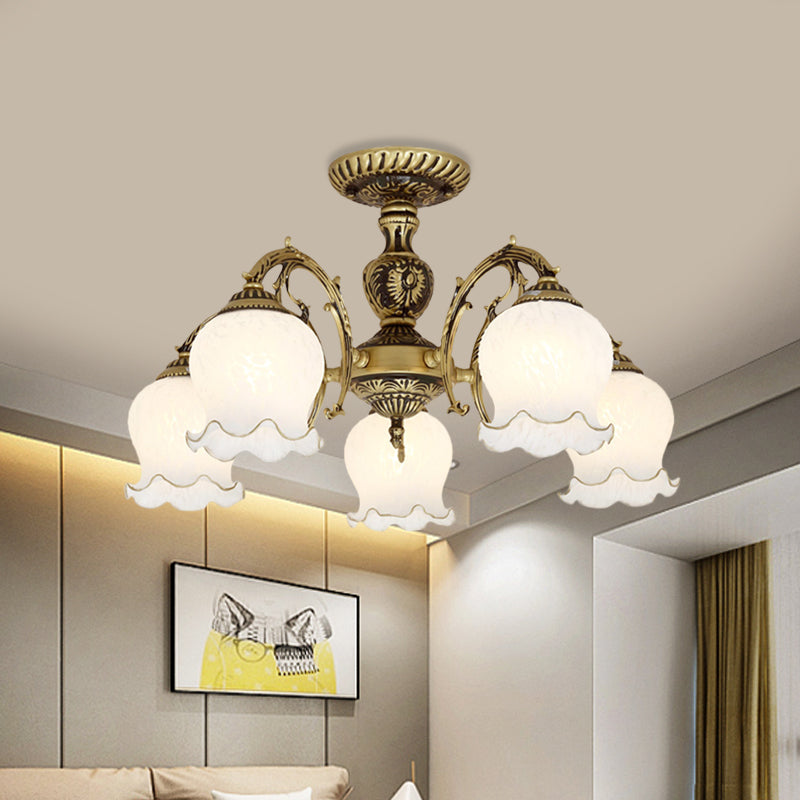 Taavita Frosted White Glass Bronze Semi Flush Lamp Flower 3/5/6 Bulb Antiqued Ceiling Lighting Flush Mount