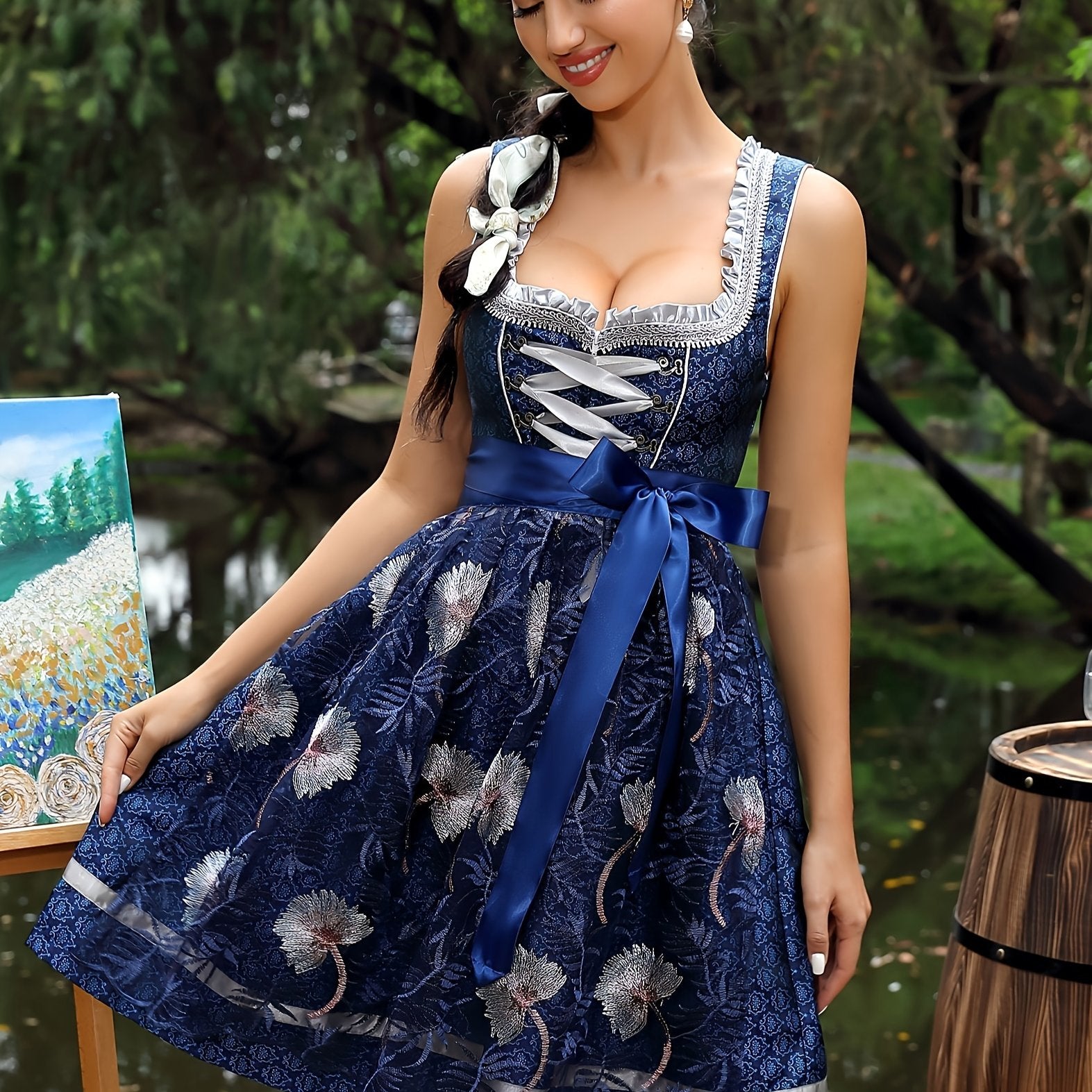 Women's Sleeveless Bavarian Dirndl Dress with Embroidered Apron for Oktoberfest