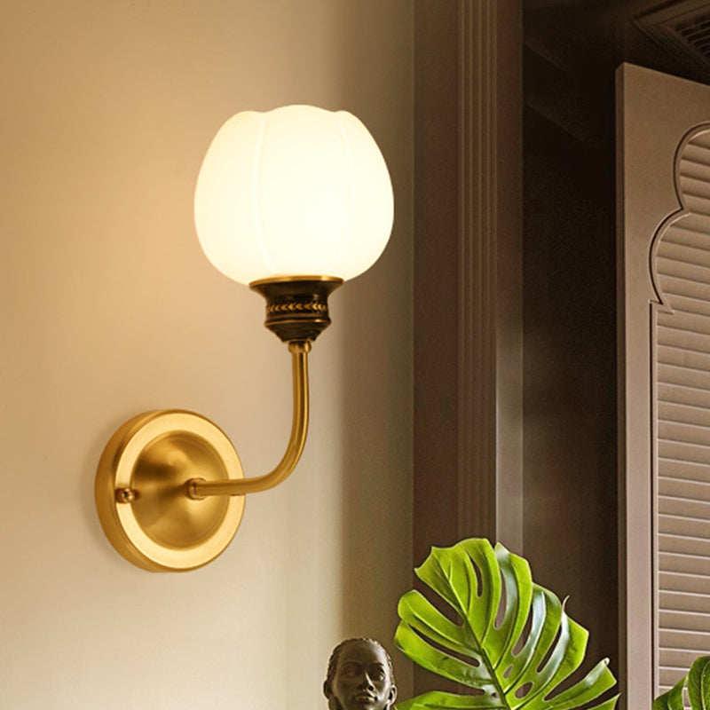 Gold 1/2-Bulb Sconce Light Fixture Antique Milky Glass Bud Wall Mounted Lamp for Living Room Clearhalo 'Wall Lamps & Sconces' 'Wall Lights' Lighting' 815083