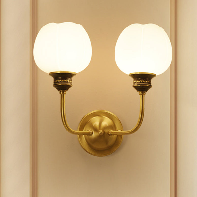 Gold 1/2-Bulb Sconce Light Fixture Antique Milky Glass Bud Wall Mounted Lamp for Living Room Clearhalo 'Wall Lamps & Sconces' 'Wall Lights' Lighting' 815090