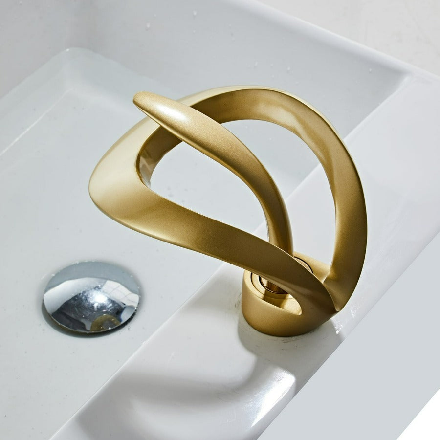 Bathroom Faucet | Waterfall Spout & Curved Loop Design | Solid Brass & Brushed Gold Finish | Easy Single-Handle Control