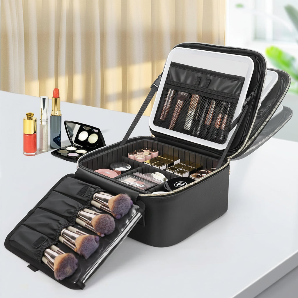 Portable Cosmetic Organizer with LED Mirror for Travel