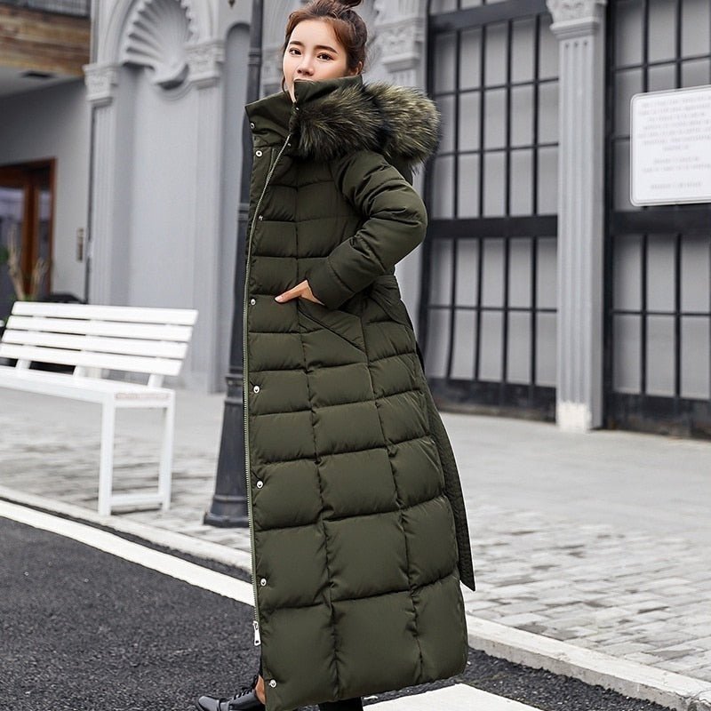 Women's Long Puffer Coat | Fur-Trimmed Hood & Belted Waist | Quilted Insulation | Comfortable Winter Wear