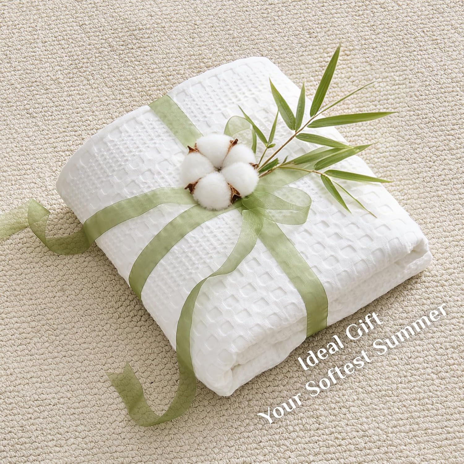 Lightweight Summer Blanket – Soft Breathable Cotton Waffle Design, White, 90"x90