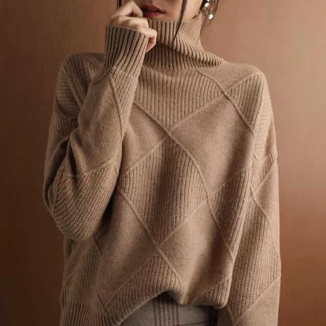 Women’s Turtleneck Sweater | Loose Fit Panel Knit | Fluffy Wool Blend | Season-Long Warmth