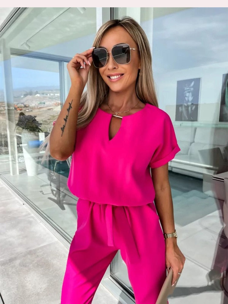 Women's Jumpsuit | Short-Sleeve with Tie Belt | Tailored Fit | Versatile Office & Event Wear