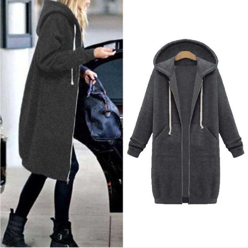 Longline Hooded Sweatshirt Coat | Zipper & Pockets | Polyester Fabric | Winter Warmth