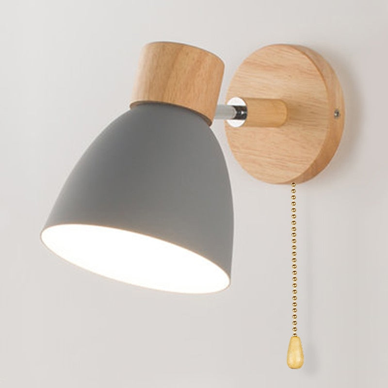 Wall Lamp | Scandinavian Wooden Shade | Metal Construction & Pull Switch | Space-Saving Design
