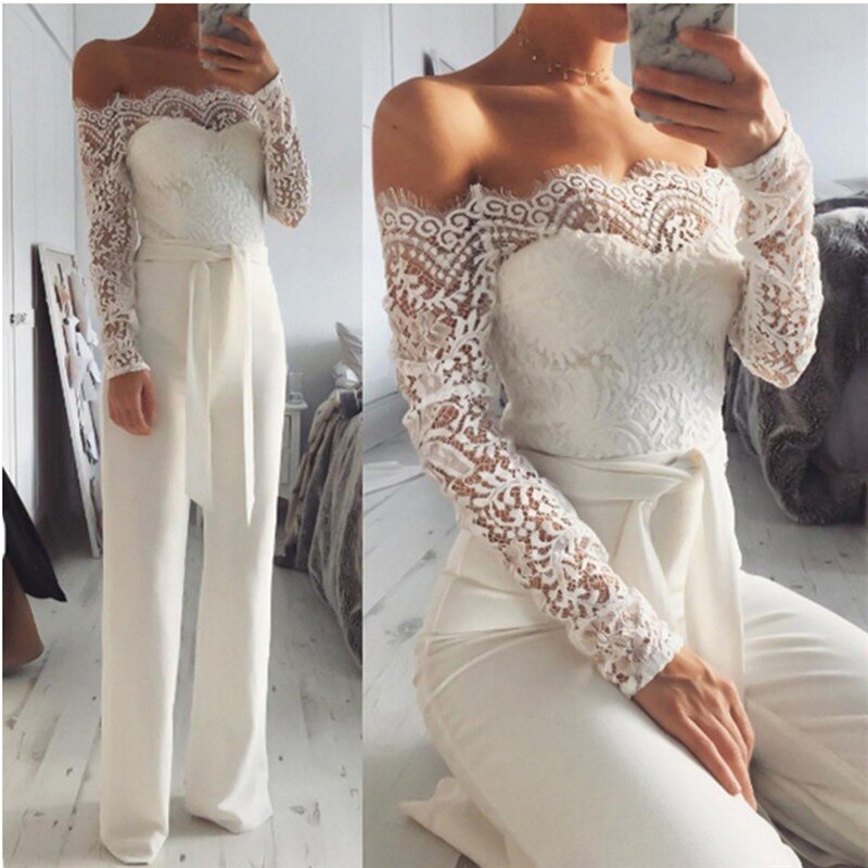 Women's Lace Off-Shoulder Jumpsuit | Long Sleeves & Waist Tie | Polyester & Lace | Formal Occasion Wear