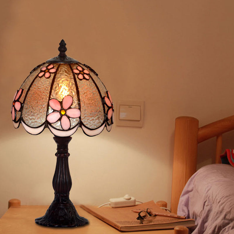 Taavita Scalloped-Trim Dome Table Lamp with Ice Clear Glass and Flower Pattern - Single White/Coffee Night Light