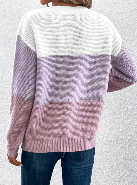 Women’s Knit Pullover Sweater | Three-Color Patchwork Design | Soft Lightweight Fabric | Comfortable Fit