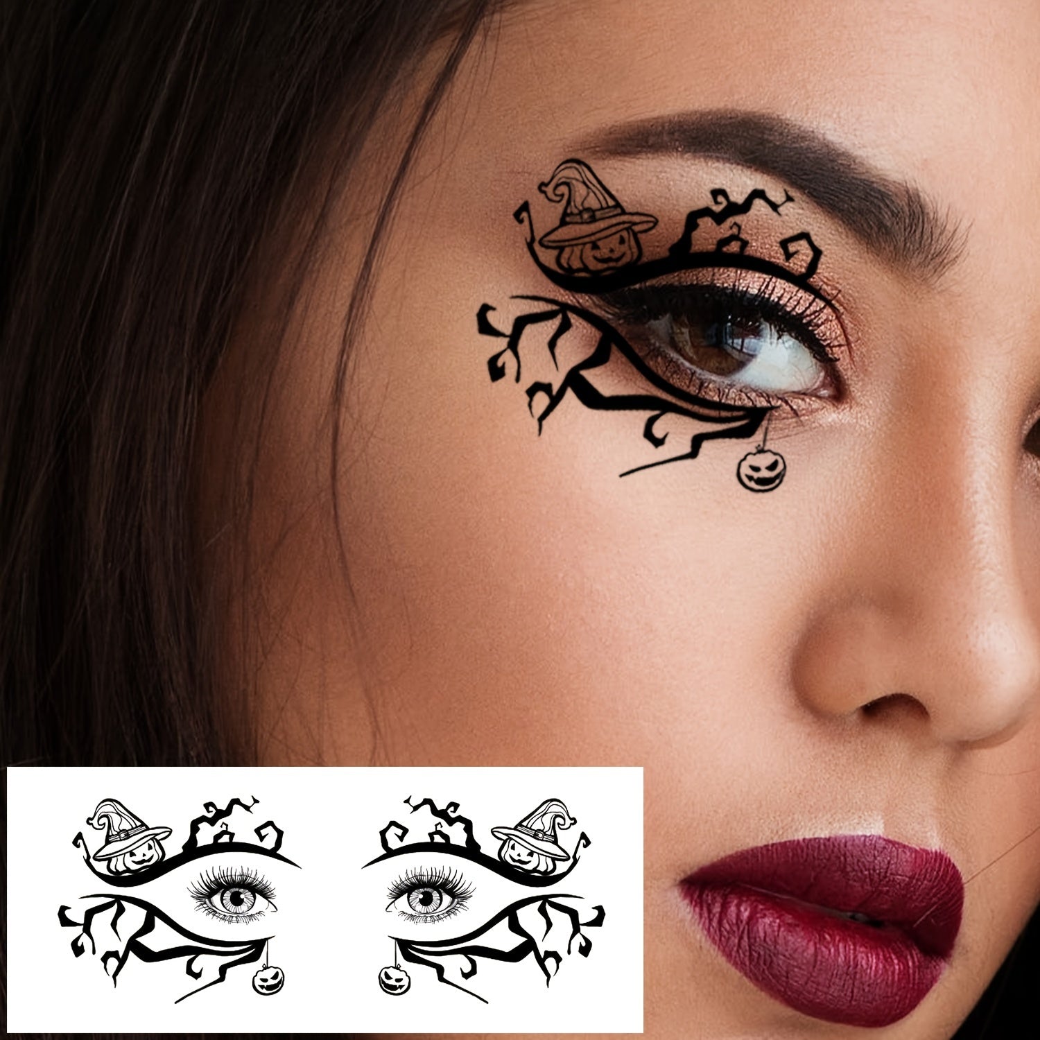 Halloween Temporary Eye Tattoo Stickers with Spooky Skull and Pumpkin Designs