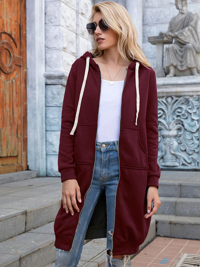 Longline Hooded Sweatshirt Coat | Zipper & Pockets | Polyester Fabric | Winter Warmth