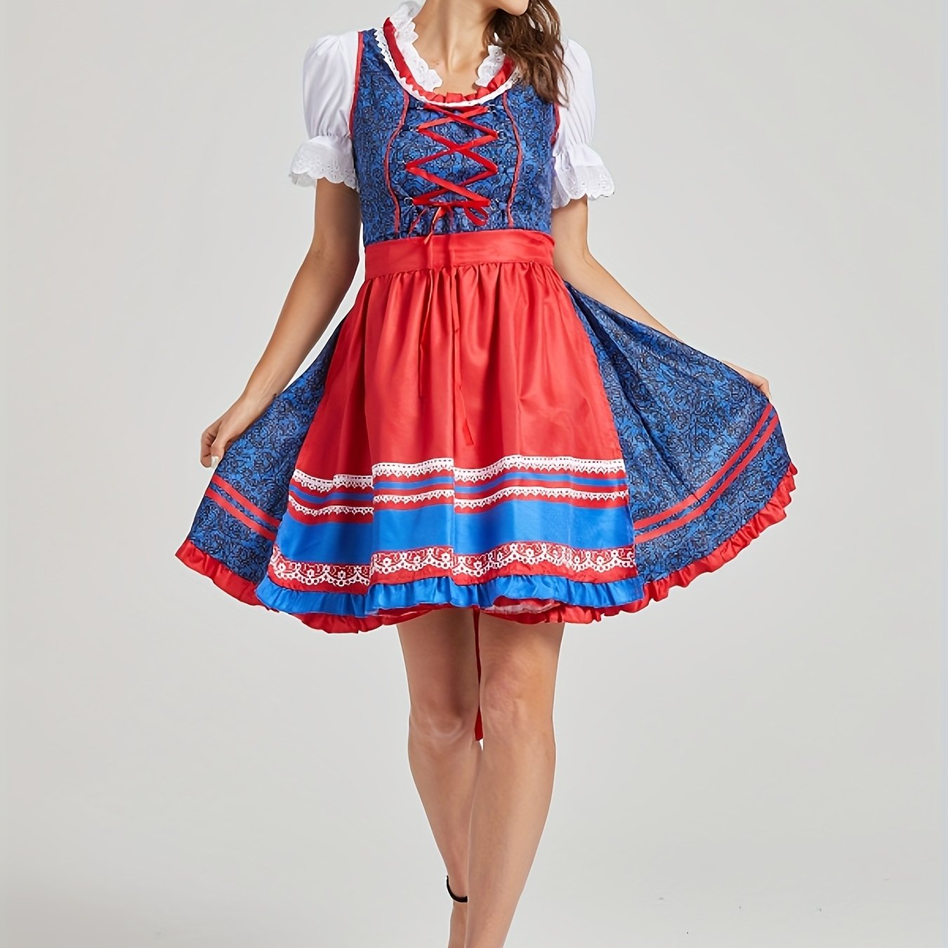 Women's Bavarian Oktoberfest Dress with Lace Blouse and Red Apron