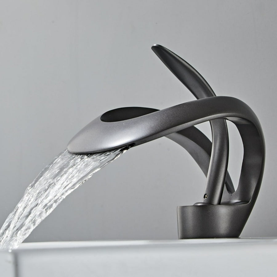 Bathroom Faucet | Waterfall Spout & Curved Loop Design | Solid Brass & Brushed Gold Finish | Easy Single-Handle Control