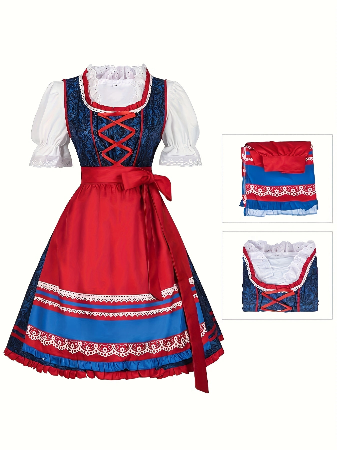 Women's Bavarian Oktoberfest Dress with Lace Blouse and Red Apron
