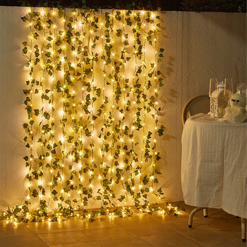 Battery Operated Garden Vine LED String Lights with Artificial Leaf Garland - Ivy, Watermelon, Green Dill, Two Color Ivy Vines - Warm White LED, Indoor/Outdoor, 2M-10M Lengths