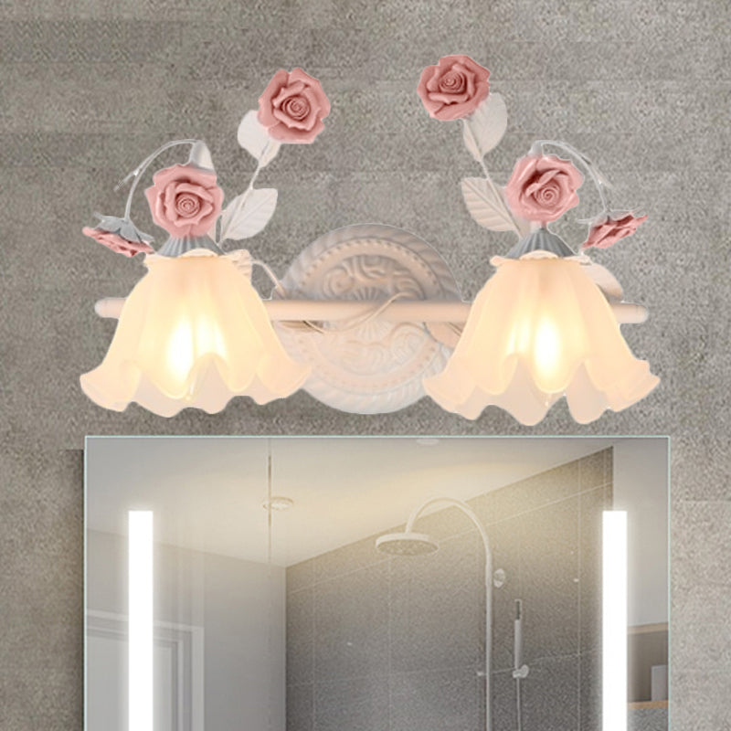 Ruffle Bathroom Wall Mount Light American Flower Frosted Glass 2/3-Head Pink/Blue Vanity Sconce Clearhalo 'Vanity Lights' 'Wall Lights' Lighting' 863075