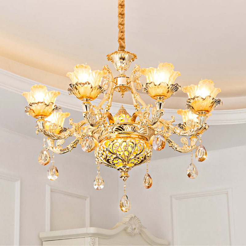 Taavita Amber Glass Flower Hanging Chandelier 6/8 Bulbs Ceiling Light in Gold with Crystal Draping