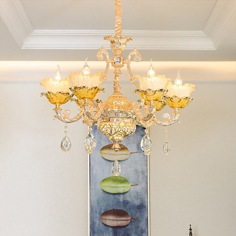 Taavita Amber Glass Flower Hanging Chandelier 6/8 Bulbs Ceiling Light in Gold with Crystal Draping