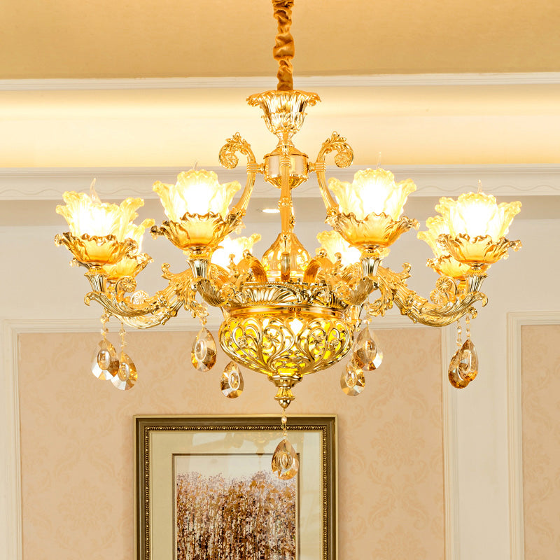 Luxury Flower Hanging Chandelier 6/8 Bulbs Amber Glass Ceiling Light in Gold with Crystal Draping Clearhalo 'Ceiling Lights' 'Chandeliers' Lighting' options 863391
