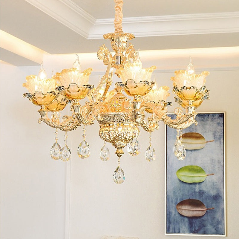 Taavita Amber Glass Flower Hanging Chandelier 6/8 Bulbs Ceiling Light in Gold with Crystal Draping