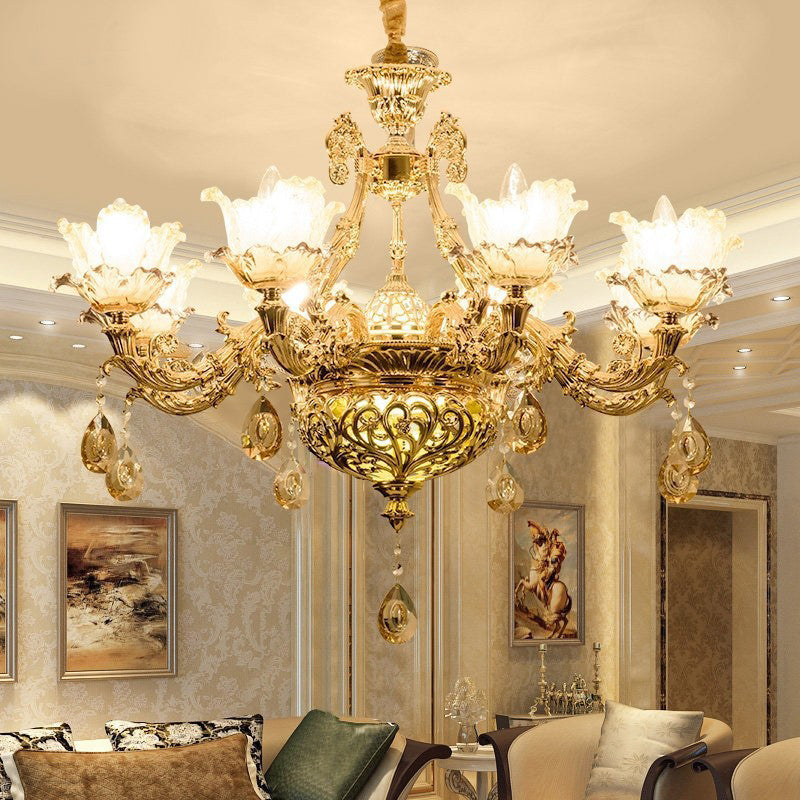 Taavita Amber Glass Flower Hanging Chandelier 6/8 Bulbs Ceiling Light in Gold with Crystal Draping