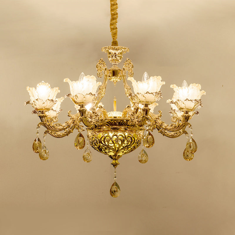 Taavita Amber Glass Flower Hanging Chandelier 6/8 Bulbs Ceiling Light in Gold with Crystal Draping