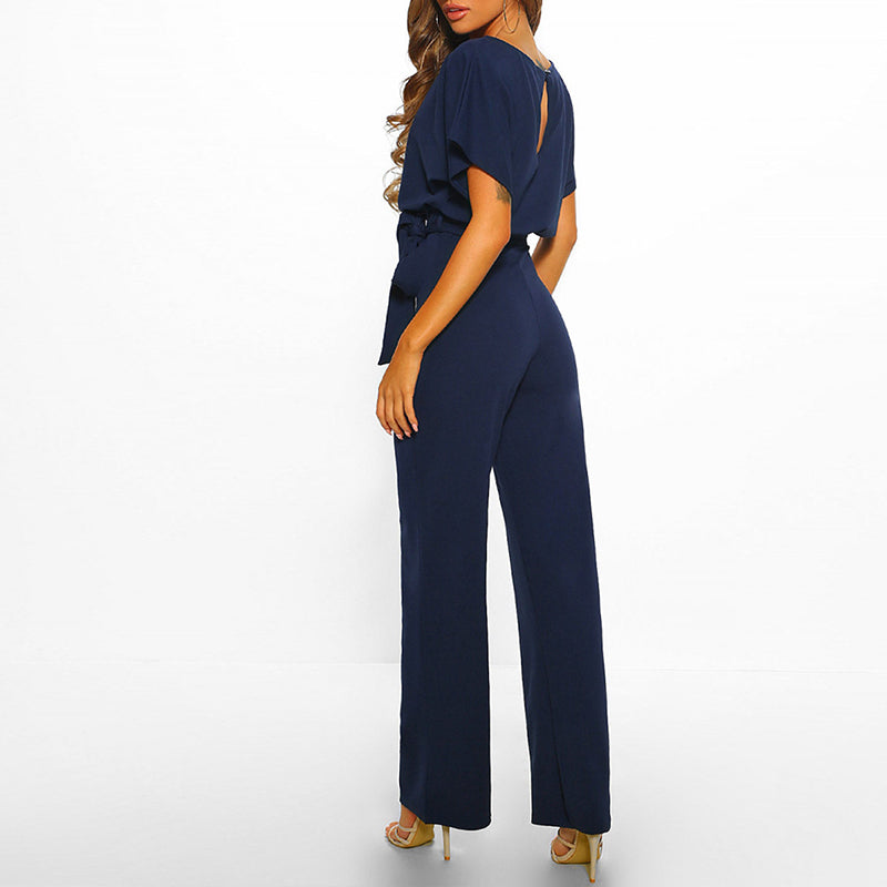 Women’s Wide-Leg Jumpsuit | Waist Tie Belt & Flutter Sleeves | Cotton Blend | Comfortable Fit