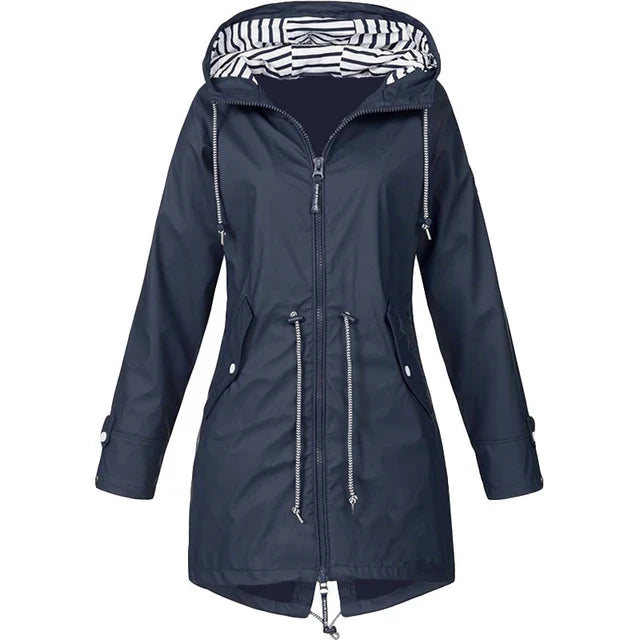 Women’s Waterproof Hooded Trench Coat | Adjustable Waist Drawstring | Zipper & Exterior Pockets | Windproof Protection