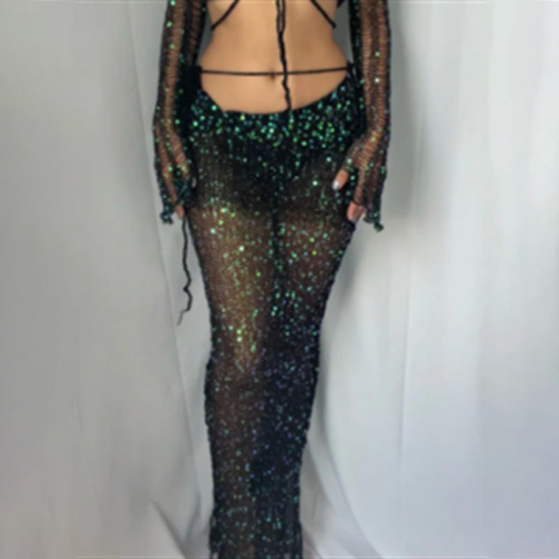 Women’s Two-Piece Sequin Crop Top and Mini Skirt Set | Sheer Mesh with Adjustable Straps | Polyester | Nightlife Ready