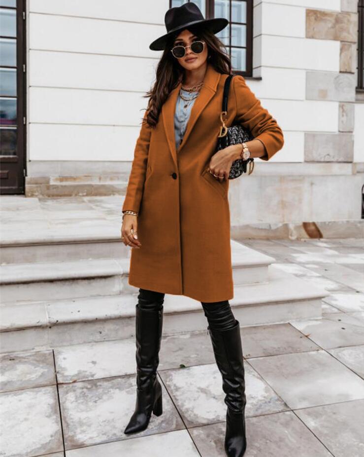 Women’s Knee-Length Coat | Notch Lapel & Single Button Closure | Durable Polyester | Autumn Winter Wear