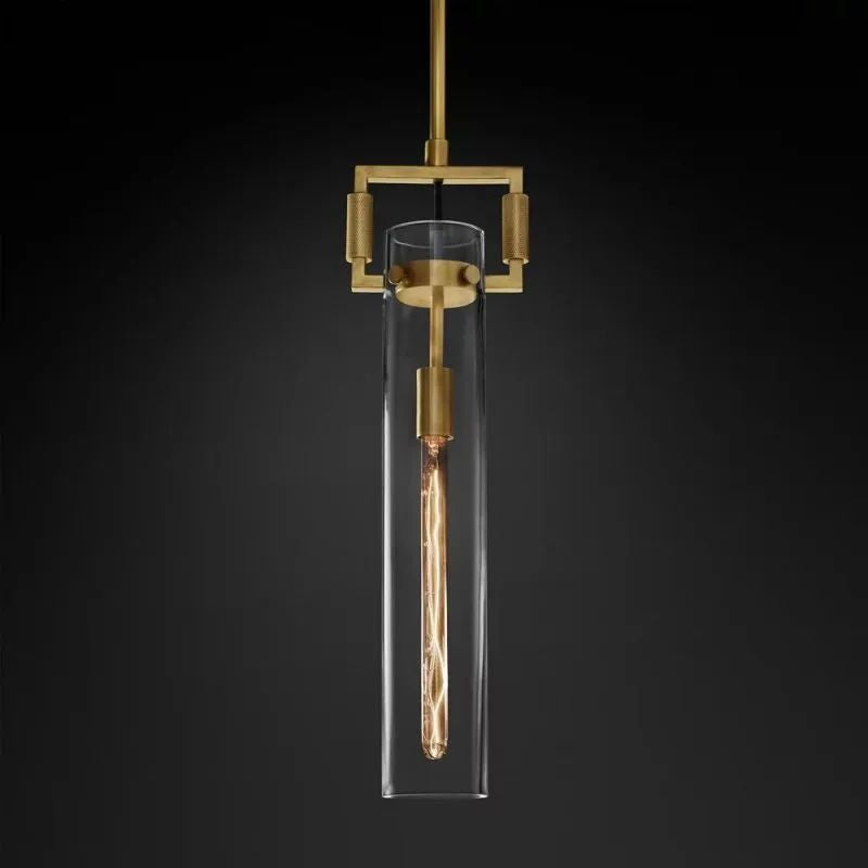 Lorian Glass Cylinder Pendant — Industrial Brass and Glass Lighting Fixture