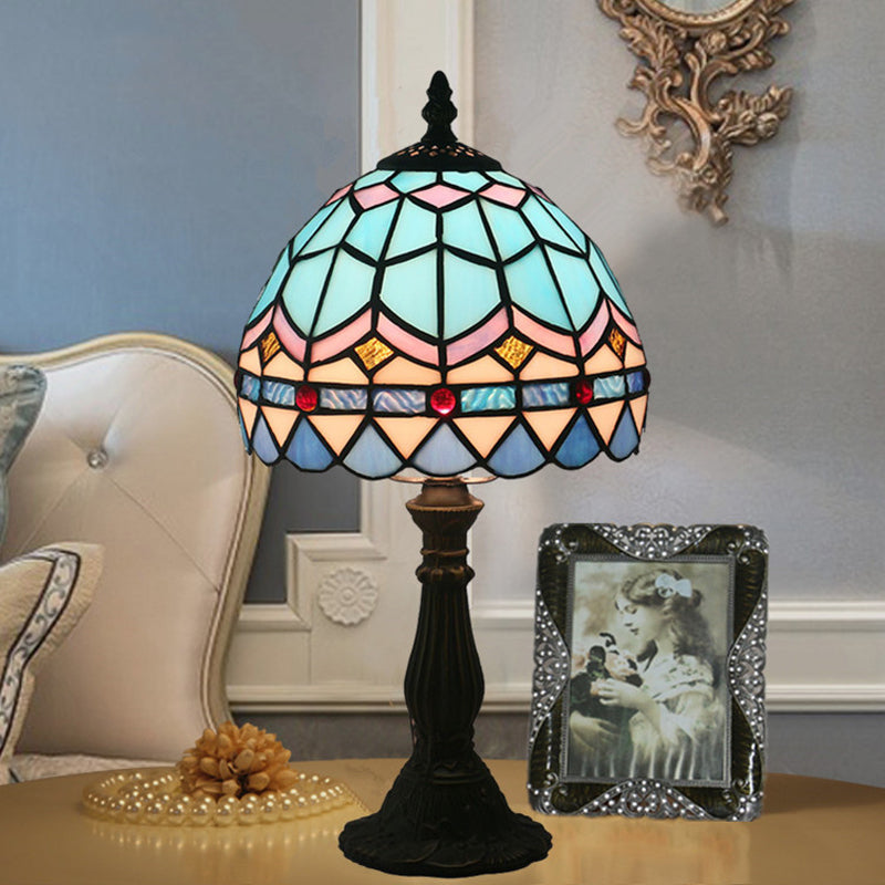 Tiffany Table Lamp with Bowl-Shaped Stained Art Glass in Yellow/Blue and Baluster - 15" Length, 8" Width, 15 Inch & Under Height