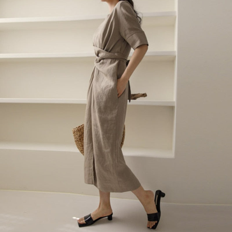 Women's Linen Midi Dress | Front Knot Wrap Design | Soft Cotton Fabric | Comfortable Fit
