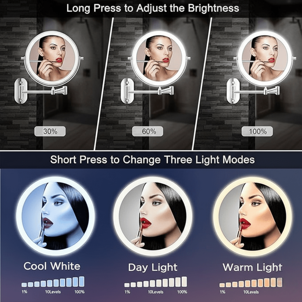 ClarityBright Magnifying Mirror with Adjustable Glow and Rechargeable Power