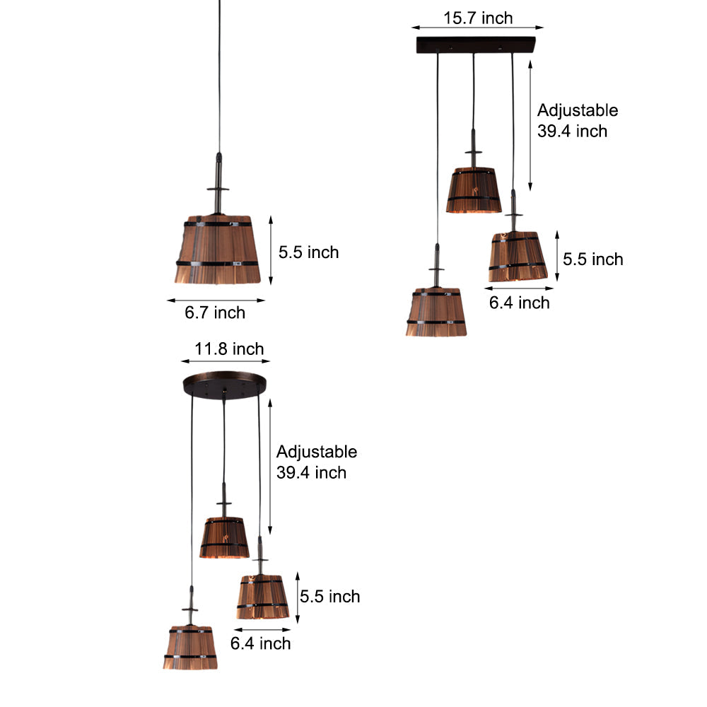 1/3-Light Rustic Wood Bucket Shade Pendant Lighting for Taavita Bar