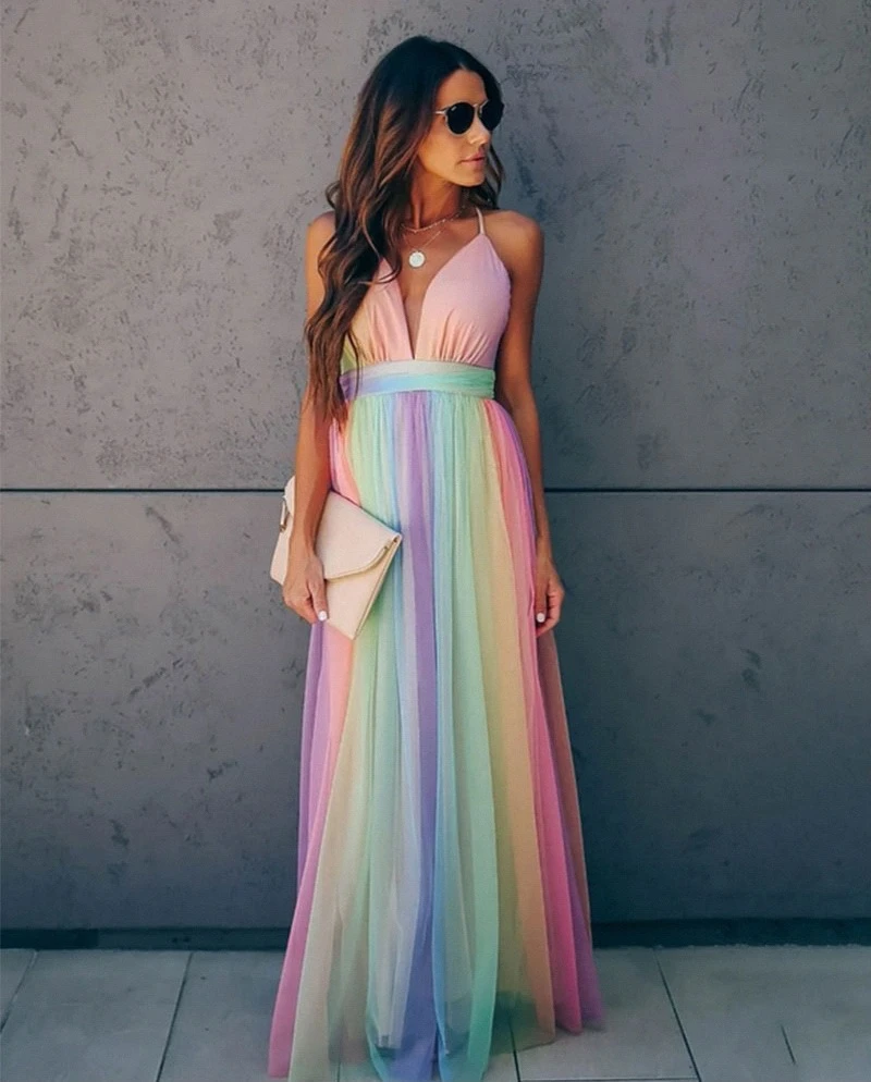 Women's Maxi Dress | Vibrant Rainbow Design | Layered Sheer Overlay | Comfortable Fit