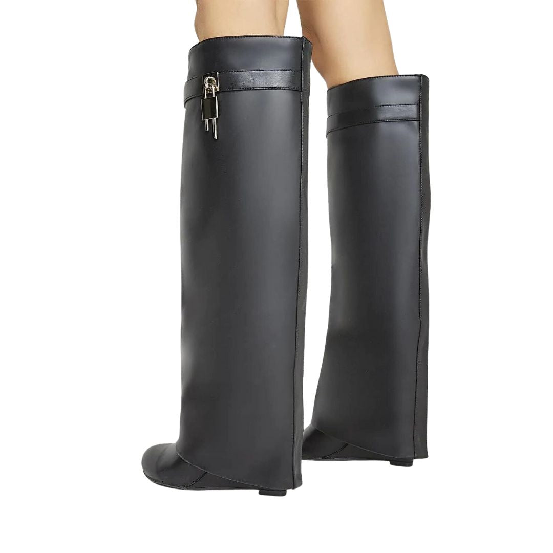 Women’s Knee-High Boots | PU Leather Durable Design | Side Zip with Padlock Pull | Comfortable Fit