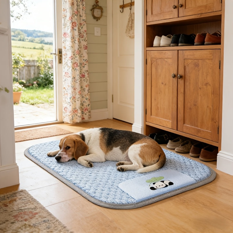 Dog Cooling Mat with Ice Bead Texture Fabric, Featuring Gray Piping Edges and an Adorable Panda Hugging a for Lotus Leaf Pattern Printed Underneath. Specially Designed for Pets During Summer. This Cooling Pad Serves as a Summer Cooling Sleeping Mat