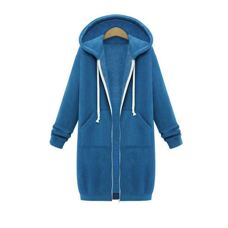 Longline Hooded Sweatshirt Coat | Zipper & Pockets | Polyester Fabric | Winter Warmth
